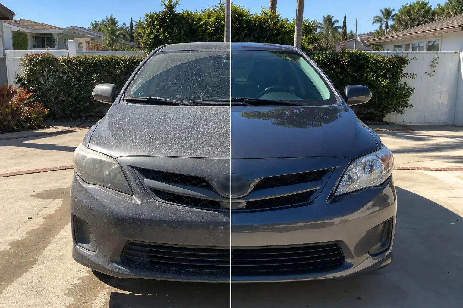 AI-generated split-screen example of the same dusty car before and clean car after a basic wash