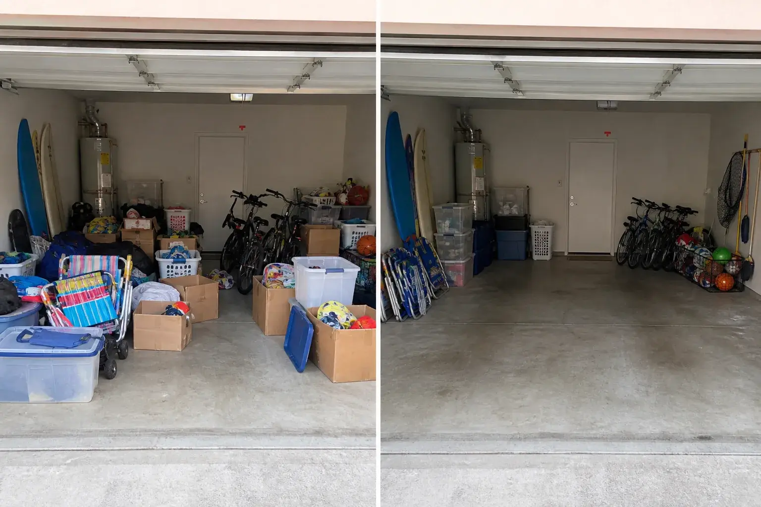 AI-generated split-screen example of the same cluttered garage before and organized garage after tidying