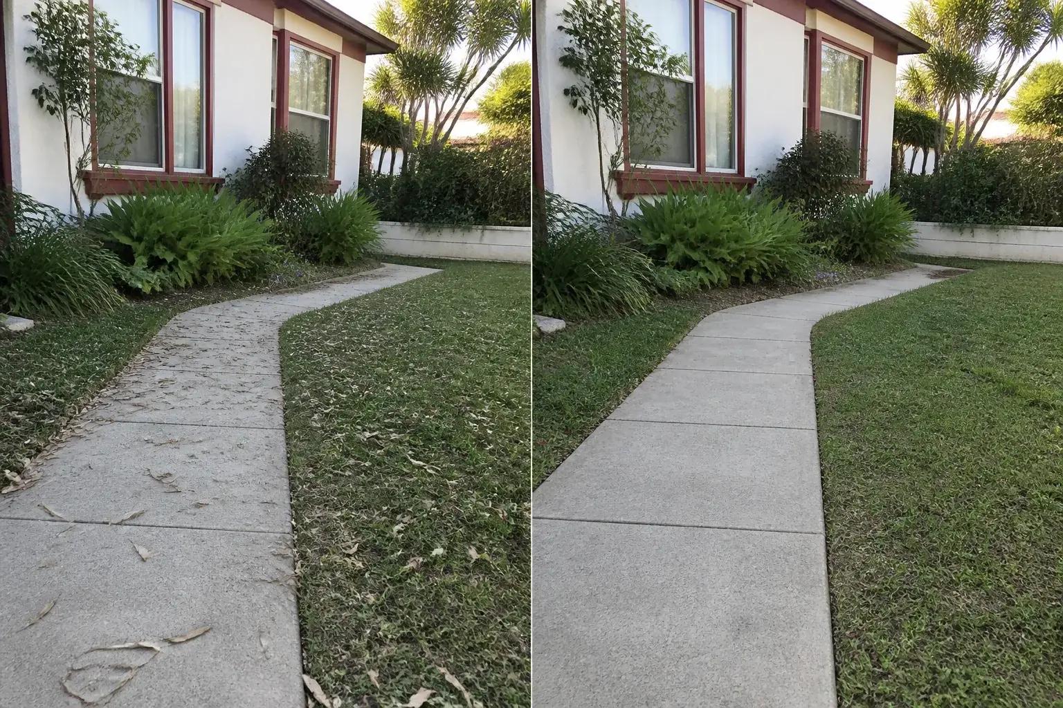 AI-generated split-screen example of the same leaf-covered walkway before and swept walkway after cleanup